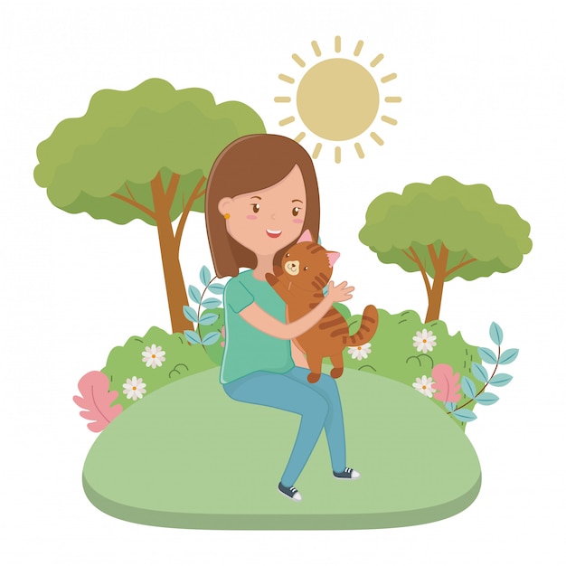 Menina, com, gato, caricatura, desenho