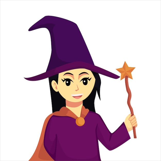 Vetor menina com ilustração de design de personagem de fantasia de bruxa