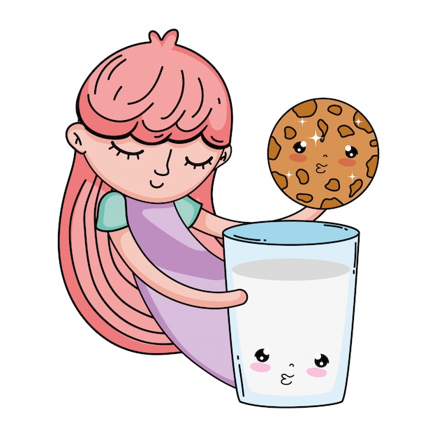 Menina com leite e cookie personagem kawaii