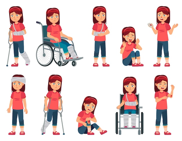 Menina com lesão. Criança com mão machucada, sangue no nariz e perna quebrada ou mão engessada.