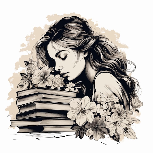 Vetor menina com livros e flores