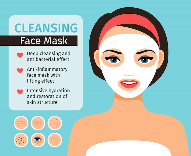 Menina com máscara cosmética em sua ilustração do vetor da cara. Mulher problemas de pele rosto corretivo e cuidados faciais e limpo com máscaras em casa
