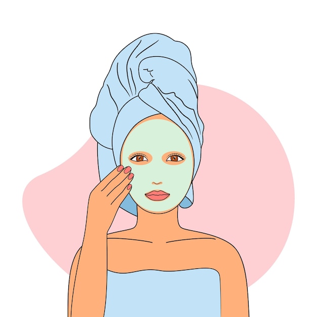 Menina com máscara de beleza no rosto, cuide da pele. Conceito de skincare e beleza. Ilustração em vetor.