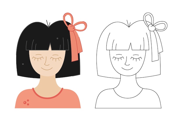 Vetor menina com penteado curto e arco ilustração vetorial do doodle