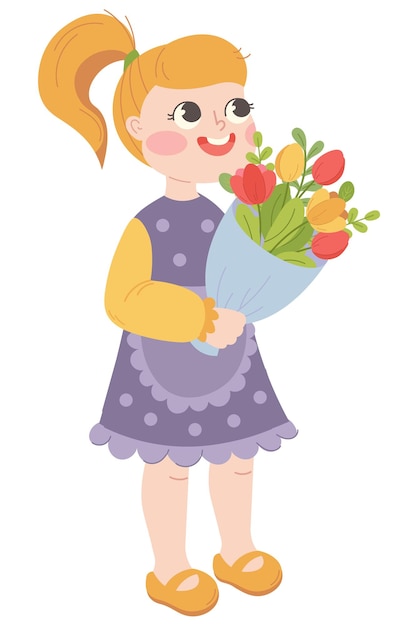 Menina com rabo de cavalo e vestido azul segura um buquê de tulipas em suas mãos Ilustração vetorial para cartões de saudação