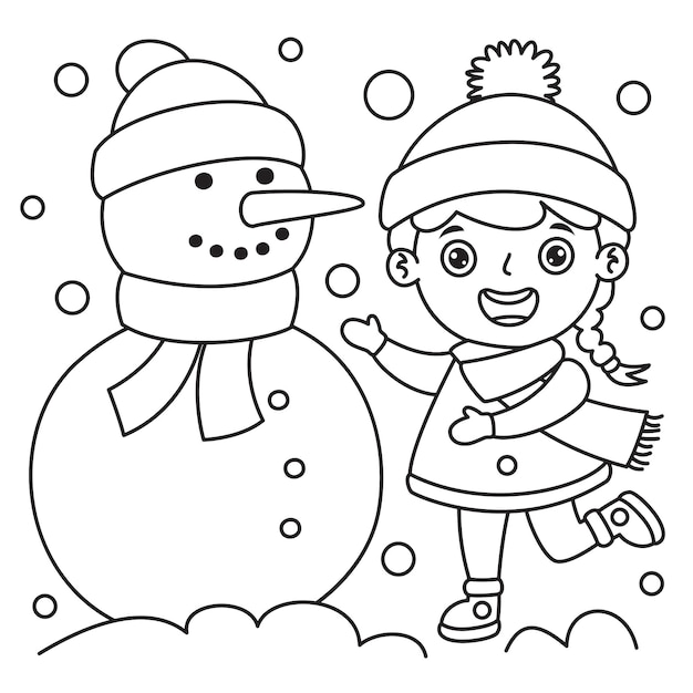 Menina com roupas de inverno fazendo um boneco de neve, página para colorir desenho para crianças