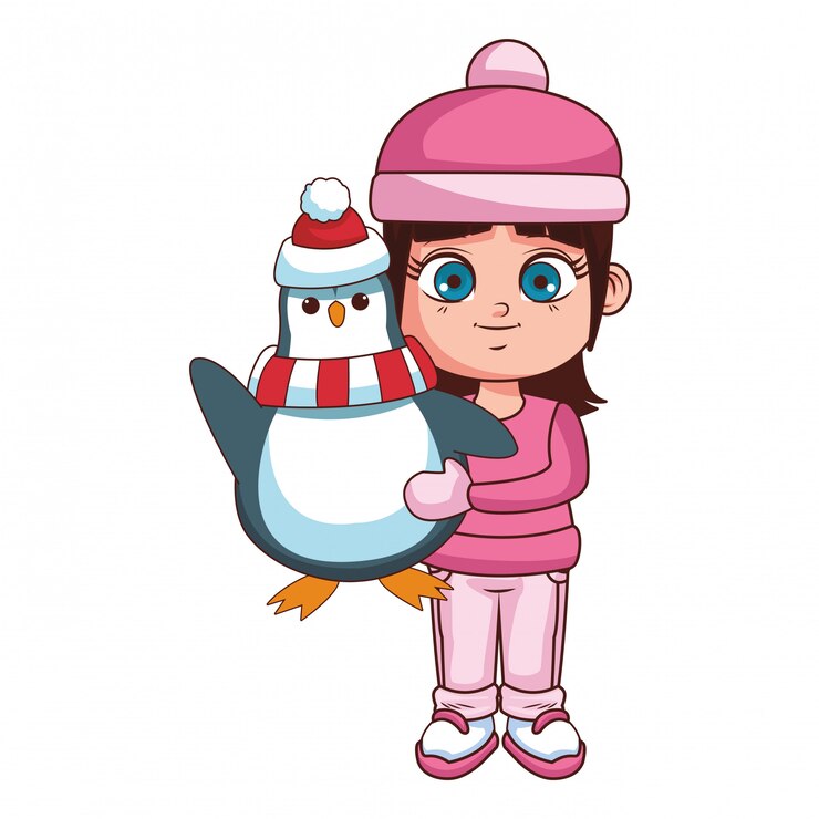 Vetor menina com roupas de inverno, segurando o desenho animado de pinguim