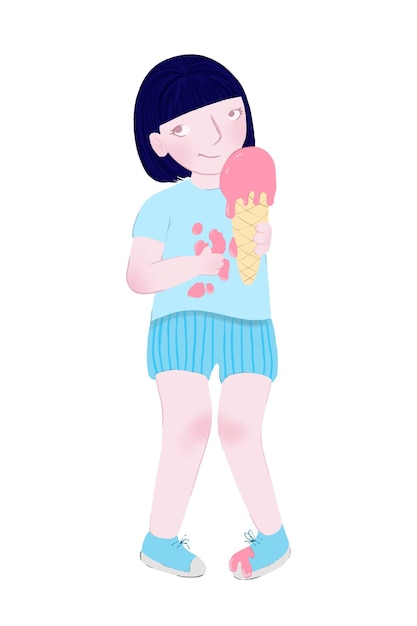 Menina com sorvete com cabelo curto em uma camiseta e shorts