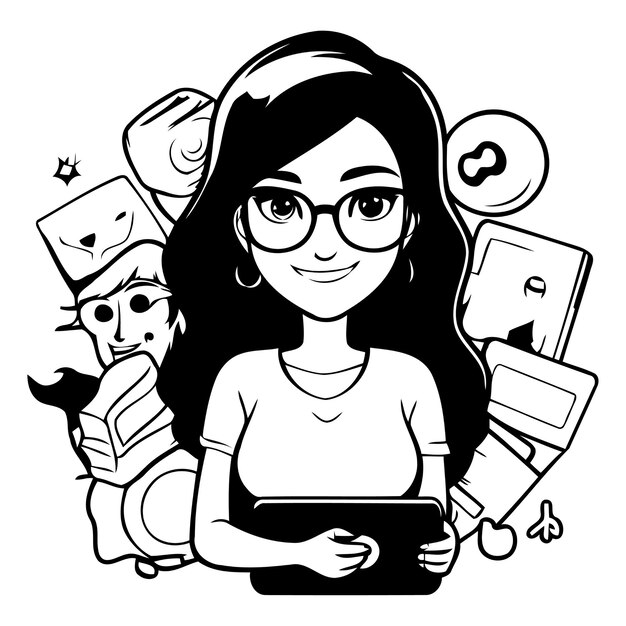 Vetor menina com tablet e ícones de mídia social em torno de ilustração vetorial