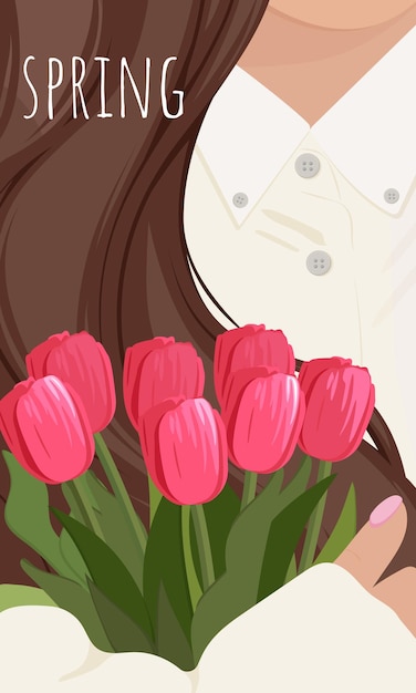 Vetor menina com tulipas cartão com tulipas