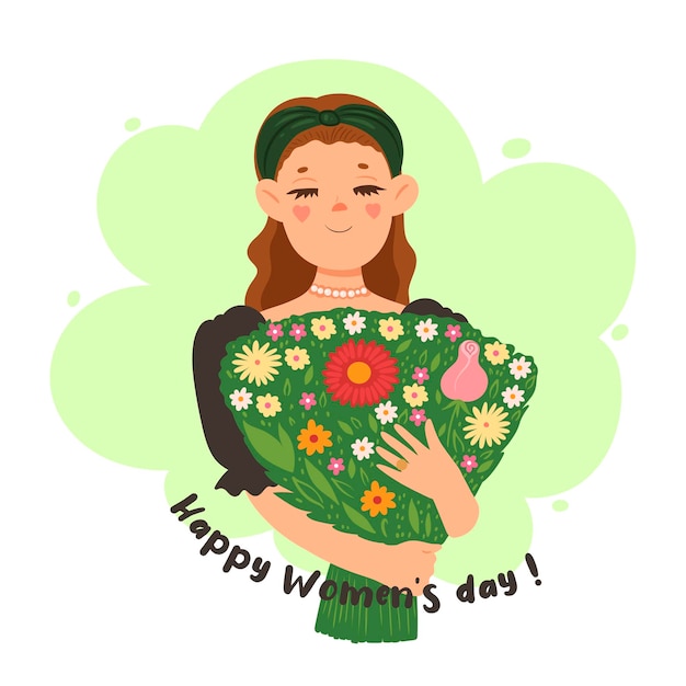 Menina com um buquê de flores e a inscrição feliz dia das mulheres.