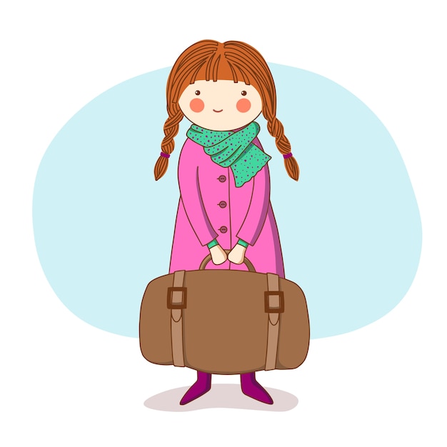 Menina com um casaco lilás com uma mala.