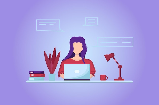 Menina com um laptop na mesa. Freelance ou conceito de treinamento. Ilustrações de tendências da moda em estilo simples.