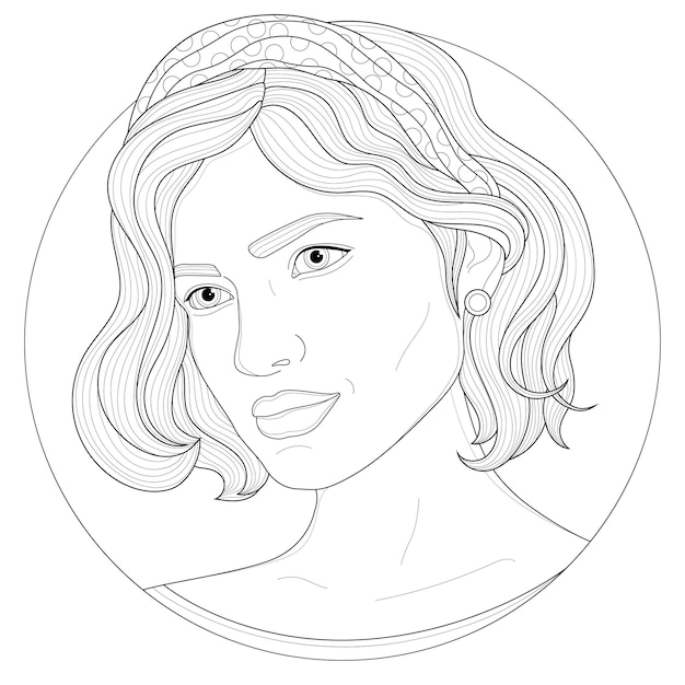 Vetor menina com uma faixa de cabelo e com um penteado lindo desvia o olhar. livro anti-stress para colorir para crianças e adultos. ilustração isolada no fundo branco. estilo zen-emaranhado. desenho preto e branco.