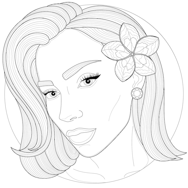 Menina com uma flor no cabelo. livro anti-stress para colorir para crianças e adultos. ilustração isolada no fundo branco. desenho preto e branco. estilo zen-emaranhado.