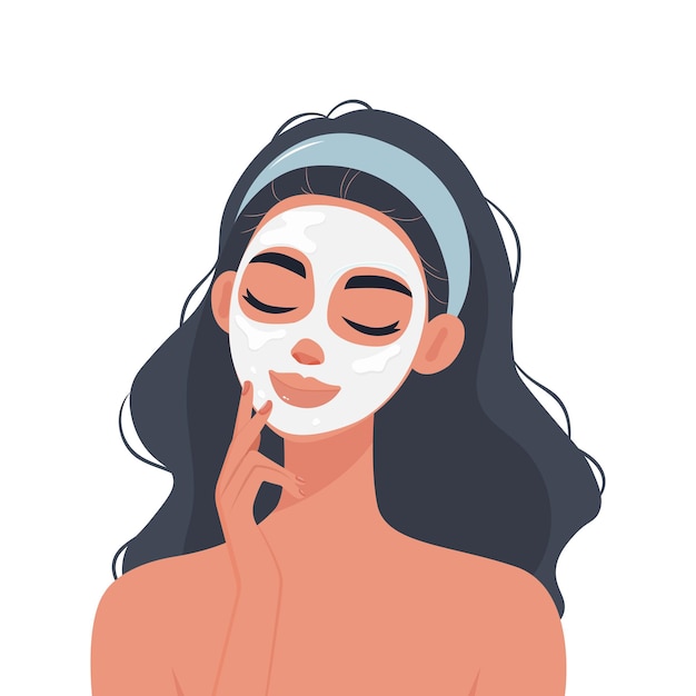 Menina com uma máscara de cuidados com a pele desfrutando de um tratamento de beleza ilustração vetorial plana isolada em fundo branco
