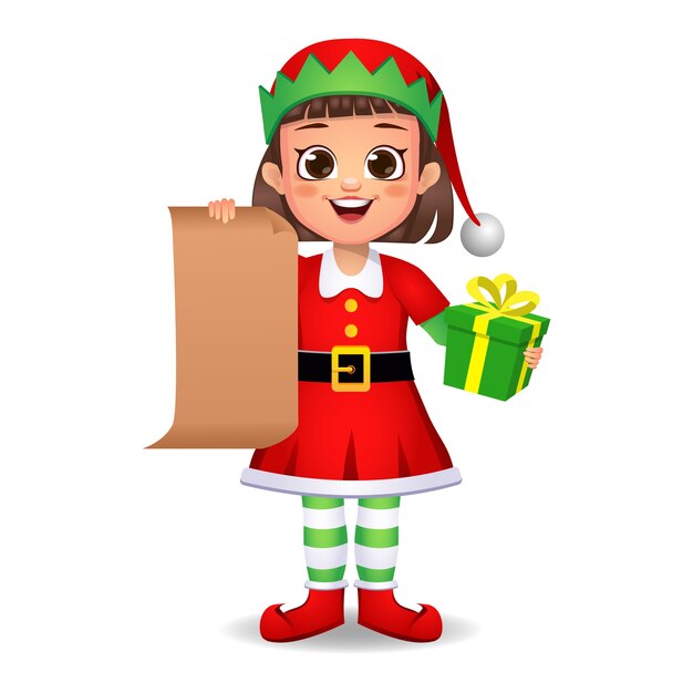 Menina com vestido de duende mostrando a carta