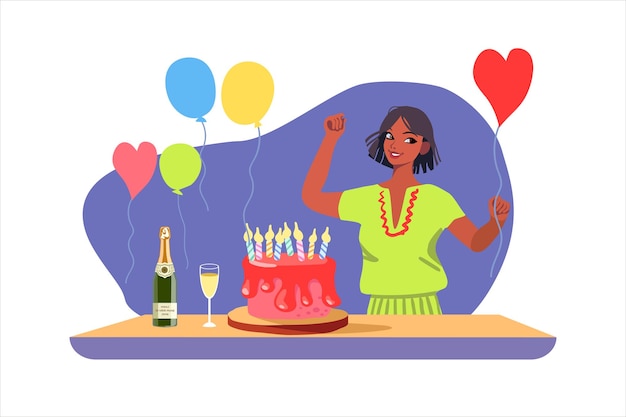 Vetor menina comemorando aniversário e dançando vela no bolo e fazendo um desejo enquanto está perto de balões festivos