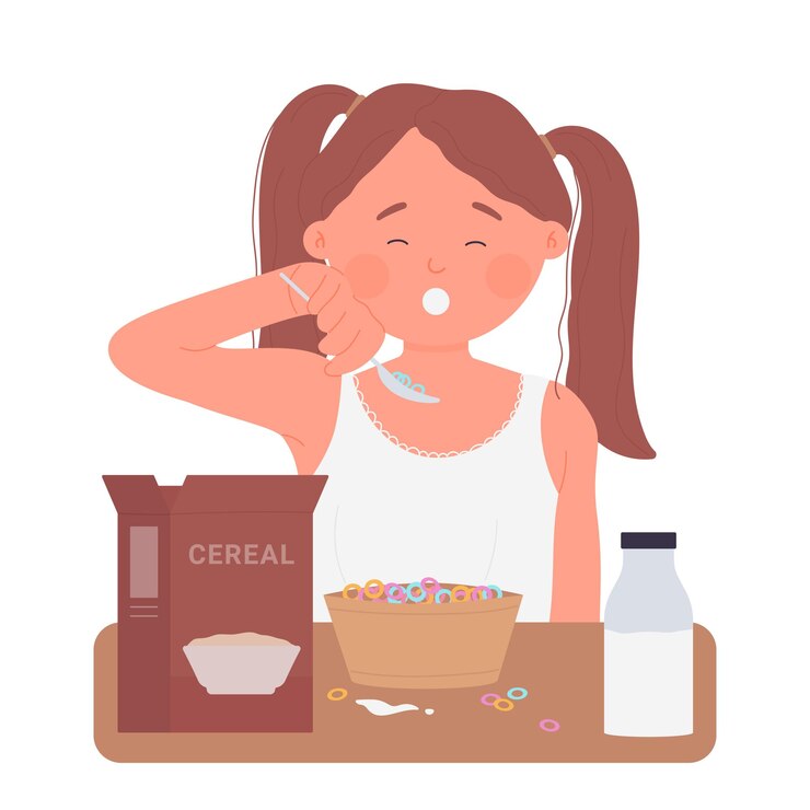 Vetor menina comendo cereais matinais