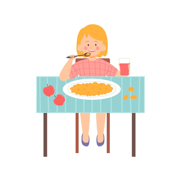 Menina comendo mingau no café da manhã ilustração vetorial personagem de estilo simples