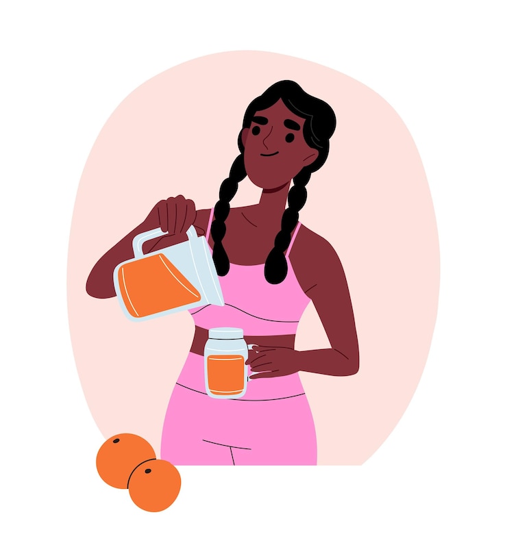 Vetor menina comer e beber conceito mulher com laranjas e jarro de suco sobremesa e delícia bebida gráfico