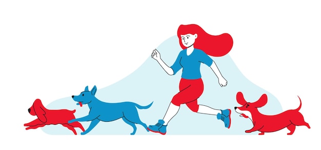Vetor menina corre com os cães mulher pratica esportes junto com animais de estimação