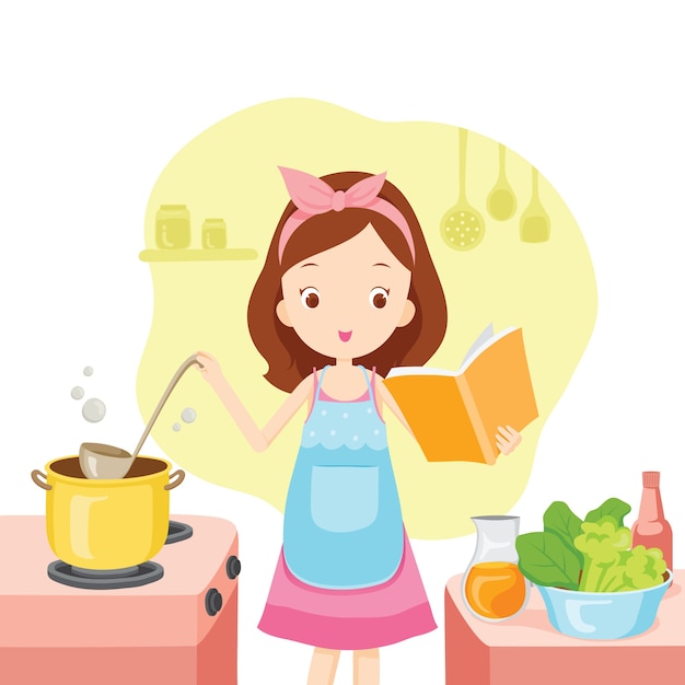 Vetor menina cozinhando sopa com livro de receitas na cozinha