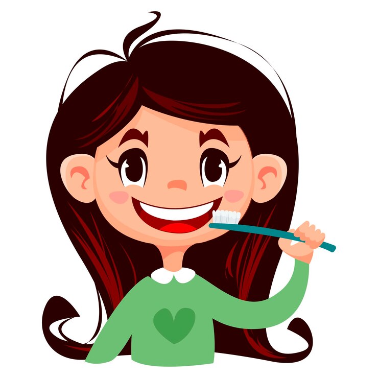 Vetor menina criança escovando os dentes com uma escova de dentes personagem no fundo branco ilustração vetorial