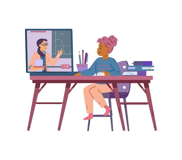 Menina criança recebe uma educação on-line fica em casa sentada na mesa com computador portátil tecnologia de internet para estudar crianças na escola ilustração em vetor plana isolada em branco