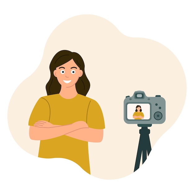 menina cruzou os braços e sorriu para a câmera Fotos e vídeos de tripé posando ilustração vetorial