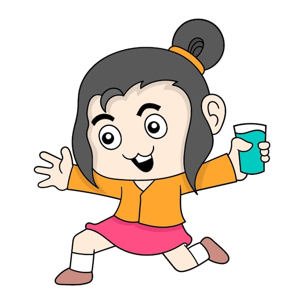 Menina cuidando da saúde, muitas vezes bebendo água mineral doodle imagem de ícone kawaii