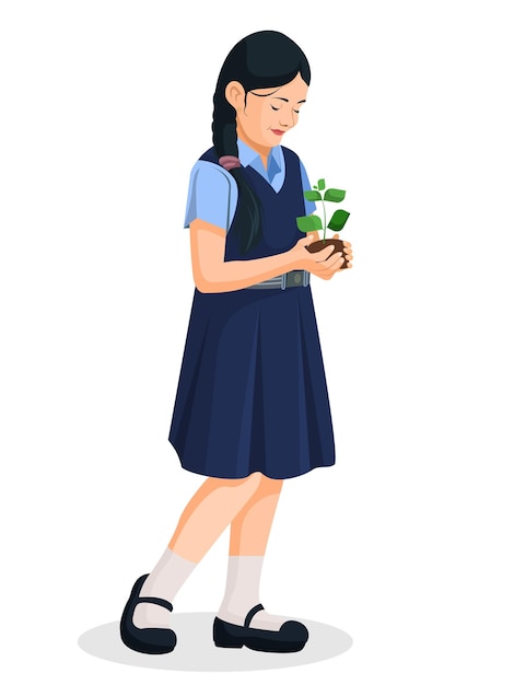 Menina da escola indiana segurando uma planta, ilustração gráfica vetorial. escola indiana