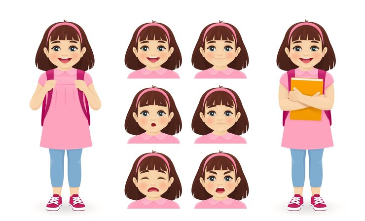 Vetor menina da escola segurando o livro com emoções de mochila conjunto ilustração vetorial isolada