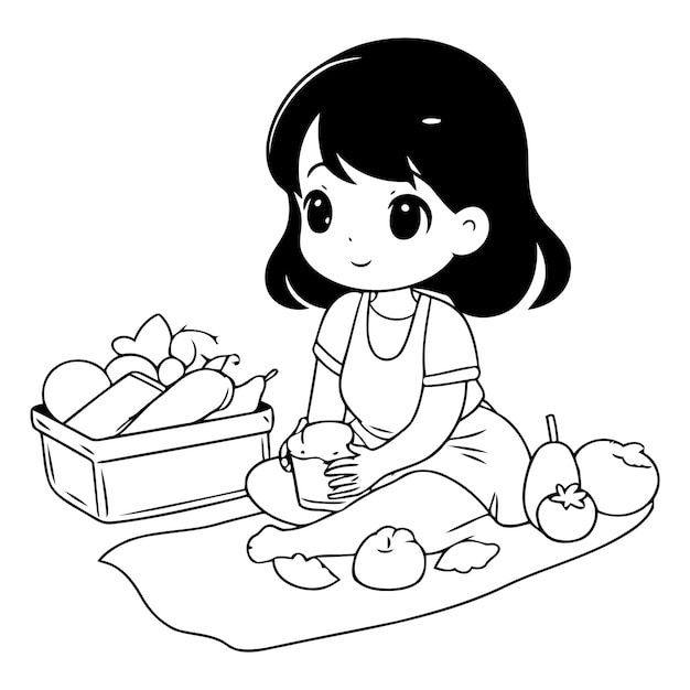 Vetor menina de avental sentada no chão e comendo frutas frescas
