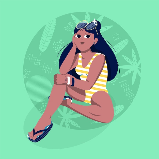 Menina de beleza jovem plana em um maiô amarelo senta-se sobre um fundo verde tropical. mulher de óculos escuros sorrindo. ilustração.