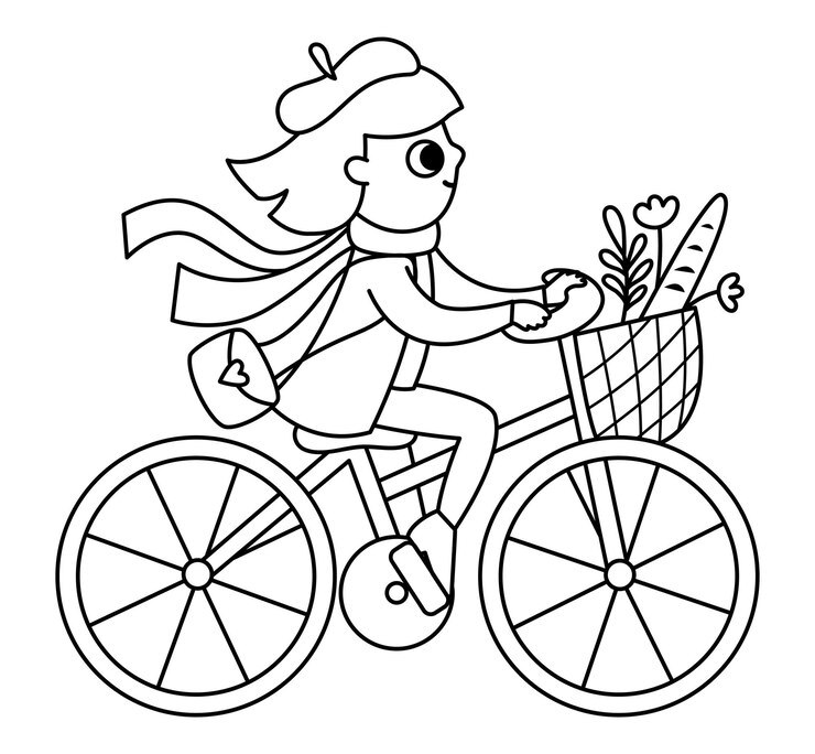 Menina de boina e lenço andando de bicicleta com cesta com flores e baguete Vector ilustração em preto e branco de mulher Linha bonita Ícone de personagem francês ou página de coloração