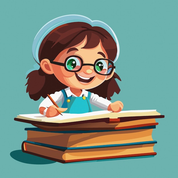 Vetor menina de desenho animado a estudar, a ler um livro, sentada na secretária e a fazer a lição de casa.