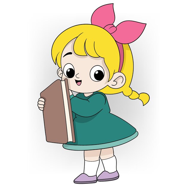 Menina de desenho animado bonita segurando um livro com um laço rosa