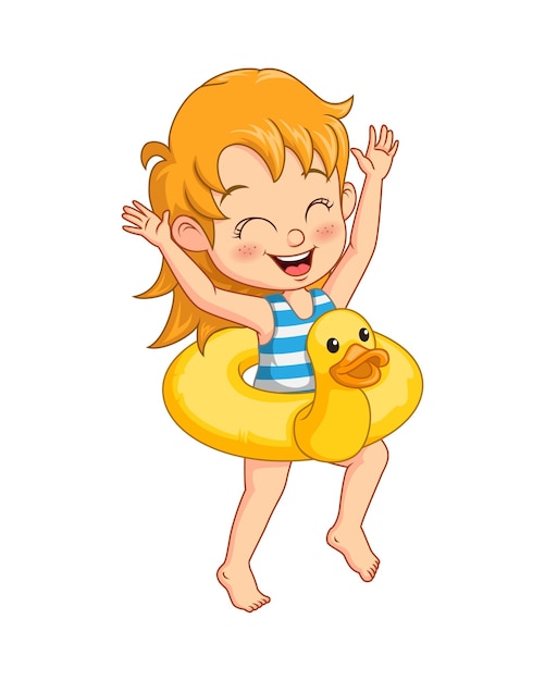 Menina de desenho animado com anel de pato inflável
