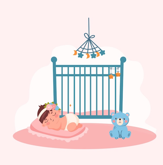 menina de desenho animado dormindo no berço Ilustração vetorial