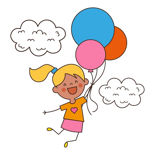 Menina de desenho animado feliz voando em balões coloridos em estilo doodle