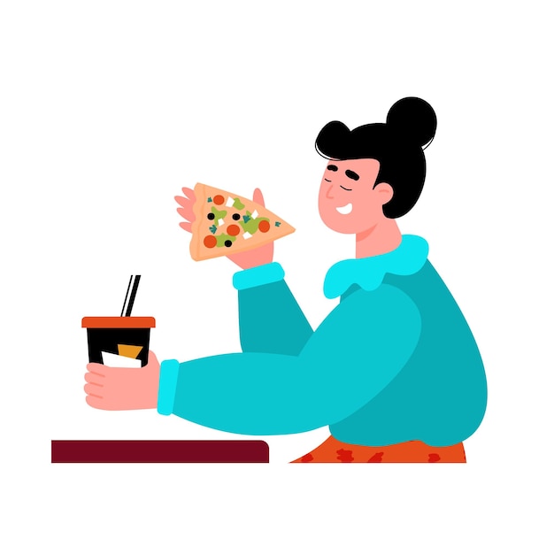 Menina de desenho animado segurando uma fatia de pizza mulher feliz com comida e bebida