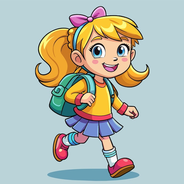Vetor menina de escola com uma mochila vai para a escola desenhado à mão mascote personagem de desenho animado adesivo conceito de ícone