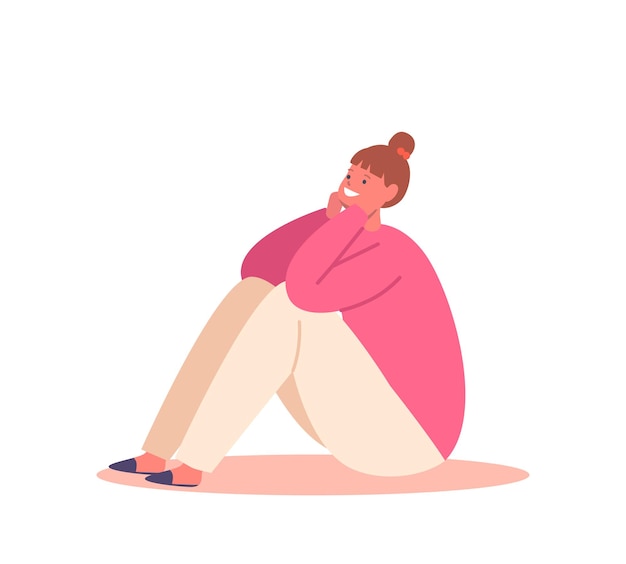 Vetor menina de jumper rosa e calça bege sentada no chão personagem infantil em roupas da moda isoladas em branco