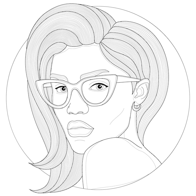 Menina de óculos e um penteado lindo. livro para colorir anti-stress para crianças e adultos. ilustração isolada no fundo branco. desenho preto e branco. estilo zen-emaranhado.