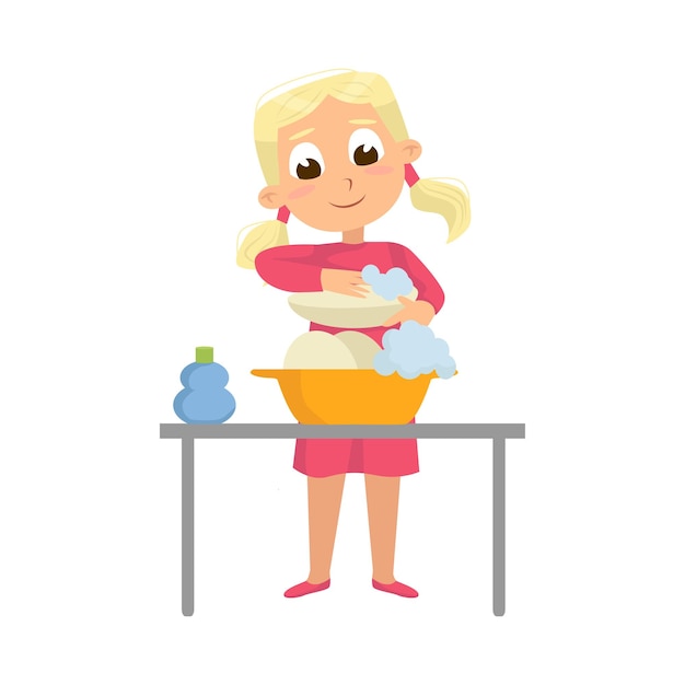 Vetor menina de olhos grandes lavando os pratos com ilustração vetorial de sabão
