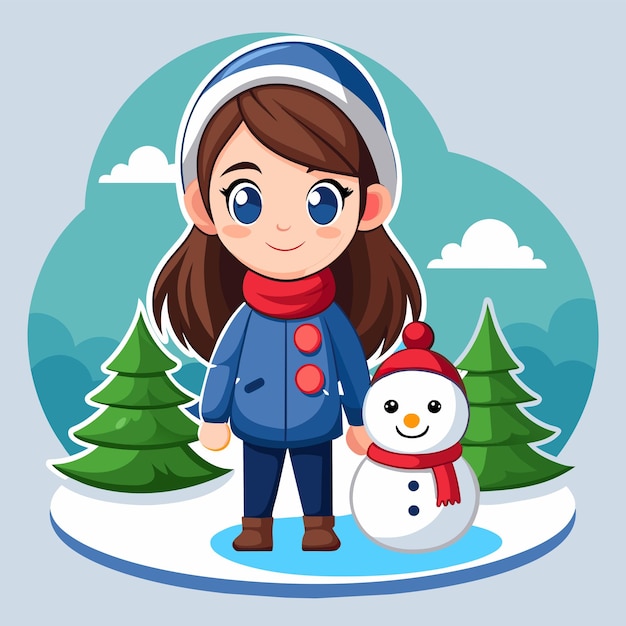 Vetor menina de roupa de inverno esquiando férias neve diversão crianças desenhado à mão desenho animado plano elegante