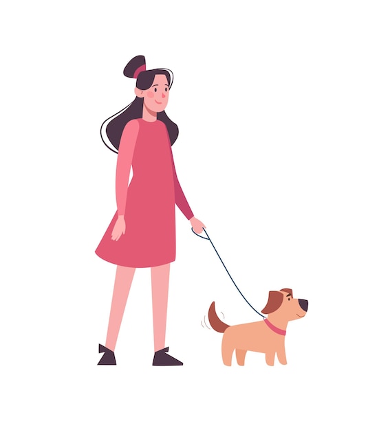 Menina de vestido rosa andando com cachorro engraçado