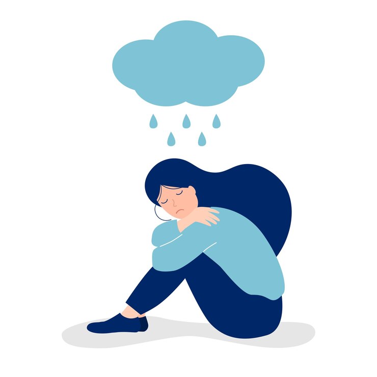 Vetor menina deprimida sentada sob uma nuvem com chuva em um fundo branco