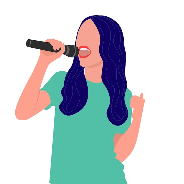 Vetor menina desenhada à mão cantando em um microfone